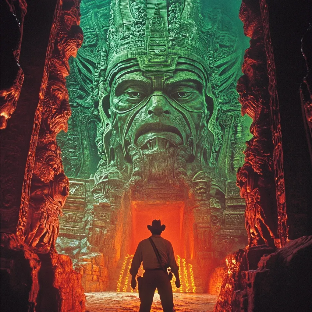 A lone figure in a cowboy hat and adventurer's attire stands before a massive, intricately carved stone face. The face, a vibrant green, dominates a temple entrance, bathed in an eerie green light.  The surrounding temple walls are a fiery orange, creating a dramatic contrast.  Intricate carvings adorn the walls, depicting various figures and symbols, suggestive of an ancient, possibly Mayan, civilization. The scene is highly atmospheric, hinting at mystery and adventure.