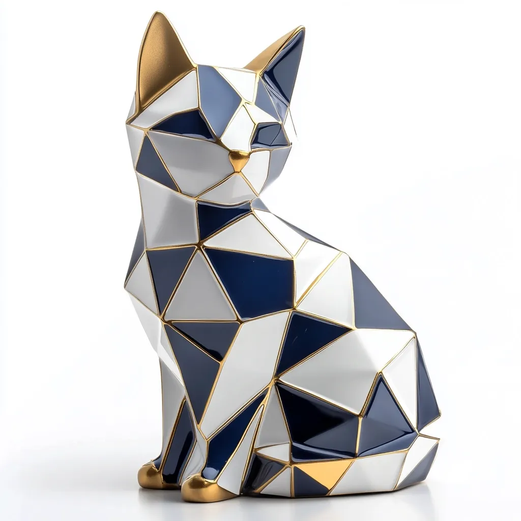 Here's a description of the image:

The image shows a stylish, geometric cat figurine.  Its design is a low-polygonal style, composed of numerous triangles in navy blue, white, and gold. The gold accents highlight the edges and details of the cat's form, creating a luxurious and modern feel. The cat is seated, its posture relaxed and elegant.  The figurine appears to be ceramic or porcelain, with a glossy finish, and it’s presented against a clean white background, emphasizing its colors and design.