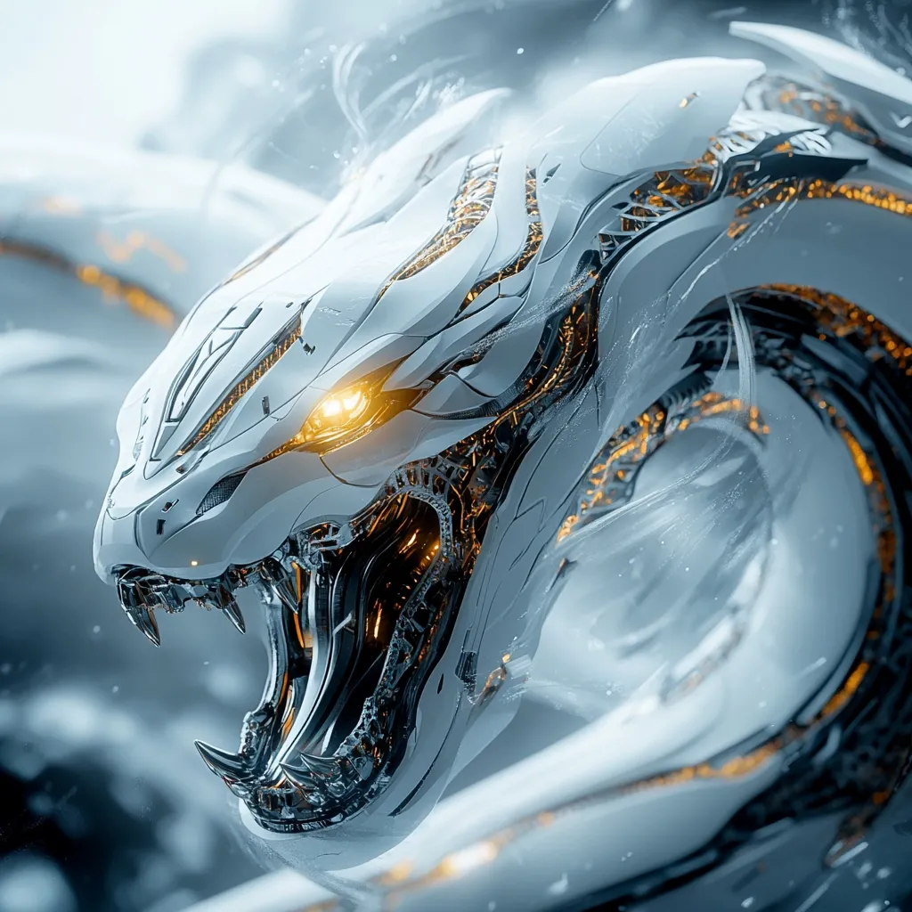 The image showcases a close-up of a futuristic, robotic serpent's head.  Predominantly white with glowing amber eyes, the mechanical design is intricate, revealing inner workings and metallic components.  Its mouth is agape, displaying sharp teeth, emphasizing a fierce and powerful presence. The background is blurred, focusing attention on the detailed, almost biomechanical construction of the creature's head.  The overall aesthetic is one of science fiction and advanced technology, conveying a sense of both beauty and danger.