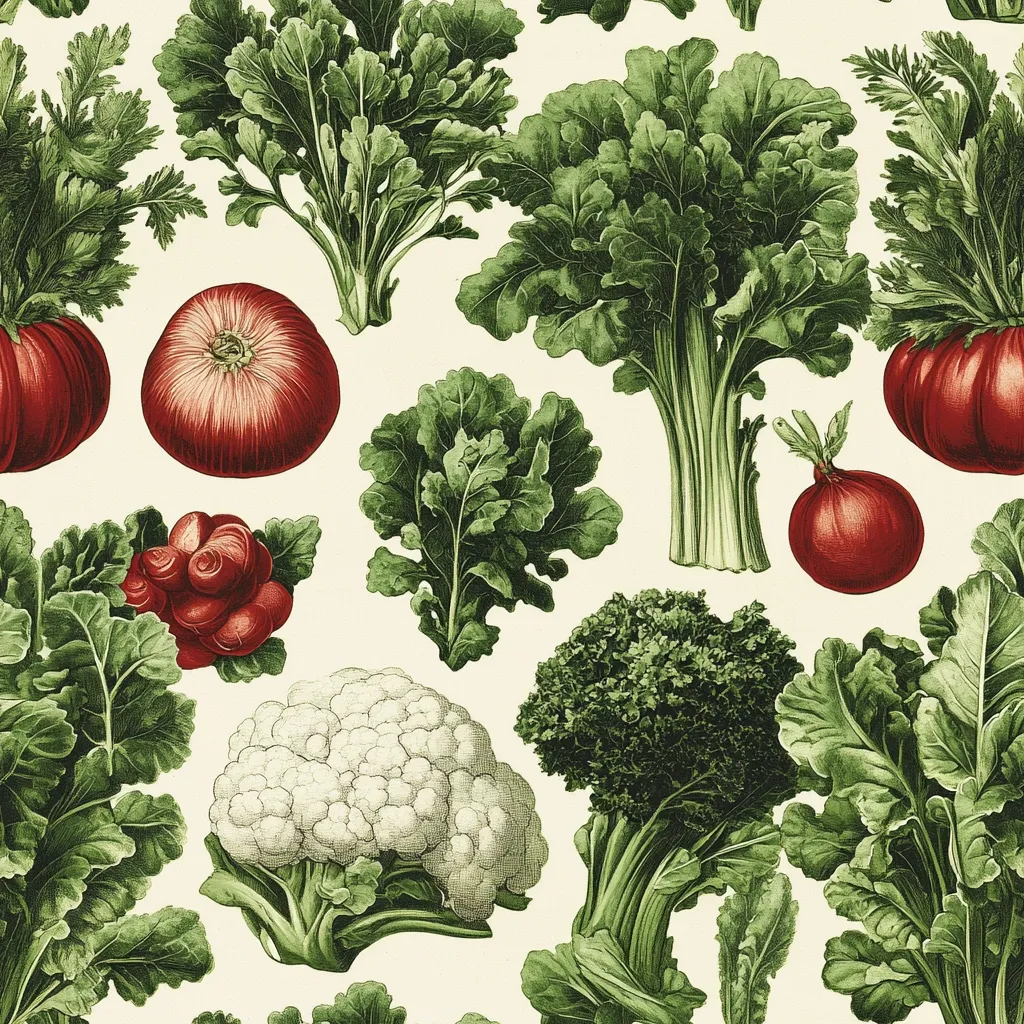 Here's a description of the image:

The image is a vibrant, detailed botanical illustration featuring a variety of vegetables against a creamy off-white background.  Leafy greens dominate, including several types of kale or cabbage,  with deeply textured leaves rendered in various shades of green.  Reddish-brown root vegetables, possibly turnips or onions, and tomatoes are interspersed amongst the greens.  A cauliflower and a head of broccoli add further diversity to the composition.  The style suggests a vintage or antique print, possibly from a botanical textbook or cookbook.  The vegetables are depicted with striking realism, emphasizing the textures and colors.