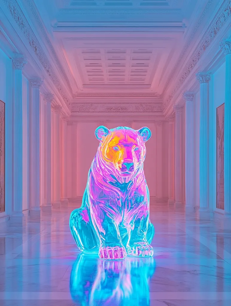 A vibrant, neon-lit image showcases a translucent glass bear sculpture seated in a grand, classical hallway.  The bear glows with pink and blue hues, its form almost ethereal against the pale marble floor and white columns. The architectural setting, with its high ceilings and ornate details, creates a striking contrast to the modern, almost otherworldly sculpture. The reflection of the bear in the polished floor adds to the overall surreal and captivating atmosphere.
