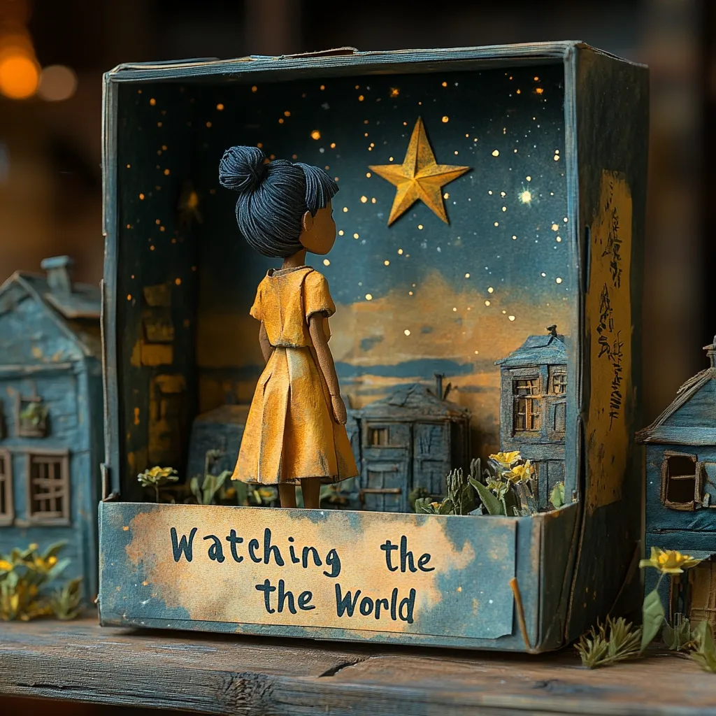 A miniature diorama depicts a girl in a yellow dress, standing in a small, crafted box.  She gazes at a night sky filled with stars above a tiny village.  The scene is peaceful and evocative, enhanced by the text \