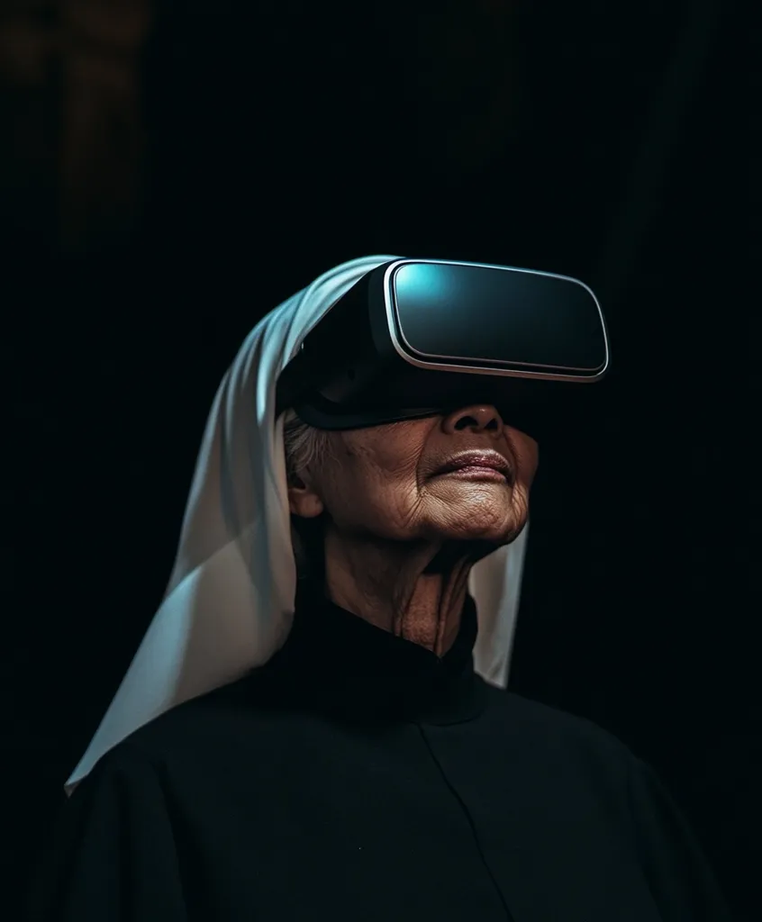 An elderly woman, cloaked in a white veil, wears a virtual reality headset.  Her face, etched with age, is serene as she experiences the digital world. The dark background emphasizes the contrast between the technology and the traditional attire, creating a striking visual juxtaposition of old and new. The image suggests a contemplation on the evolving nature of experience and the accessibility of technology across generations.