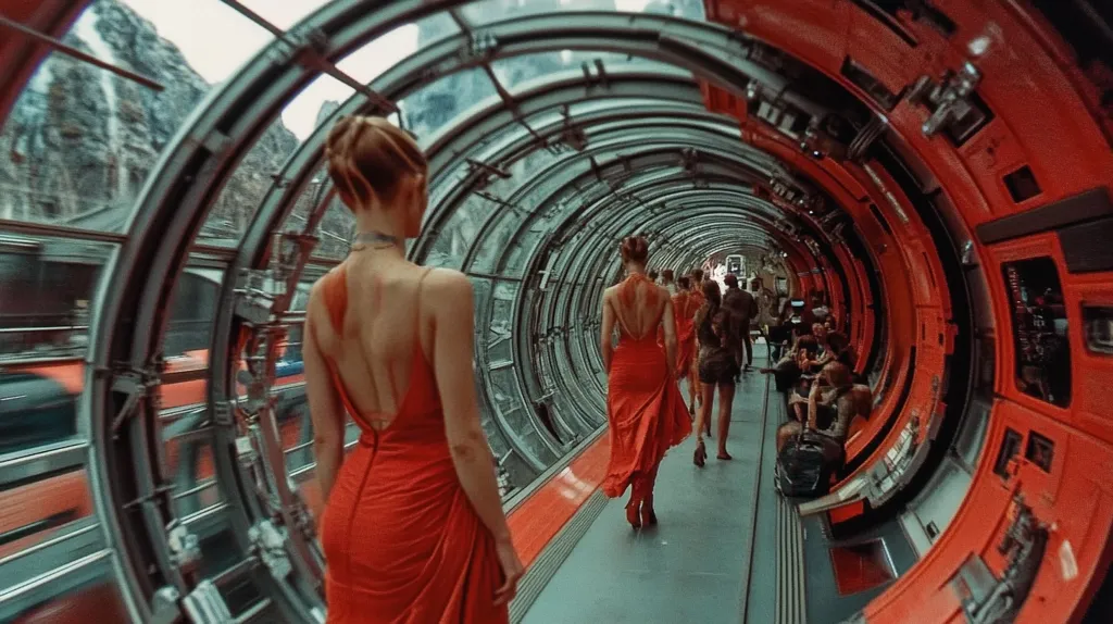 A futuristic, cylindrical walkway, predominantly red and metallic grey, is shown.  Several women in flowing red dresses walk towards the viewer, creating a striking visual contrast against the tunnel's structure.  The background shows blurred motion, possibly a train or other moving vehicle, and a glimpse of a mountainous landscape beyond the glass panels. The overall atmosphere is one of sleek, modern design and subtle mystery.