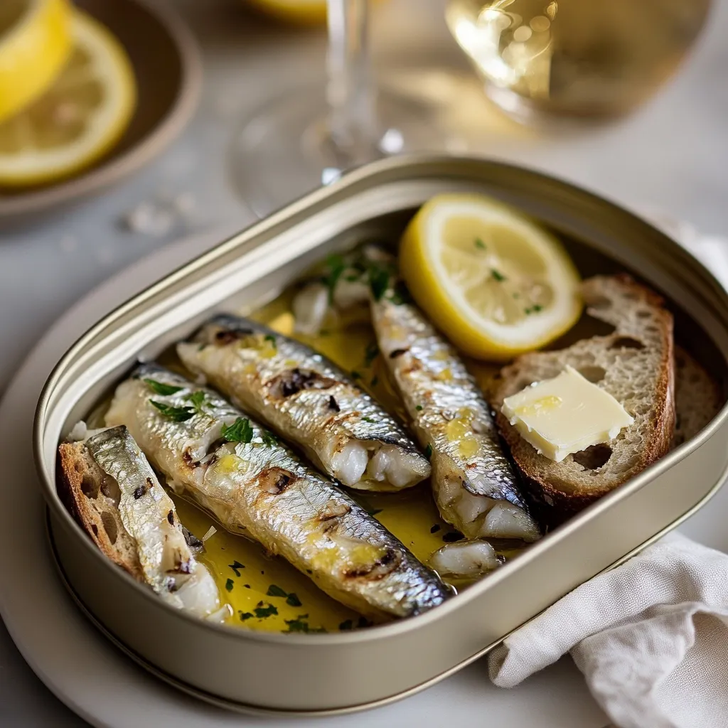 Here's a description of the image:

A close-up shot reveals a rectangular tin containing grilled sardines bathed in olive oil and herbs.  The sardines are arranged neatly, their skin glistening. A slice of lemon and a piece of crusty bread with a pat of butter rest alongside the fish.  The tin sits on a pale surface, partially obscured by a linen napkin.  A blurred background hints at a table setting, including wine glasses and lemon slices. The overall impression is one of simple, elegant, and delicious food.