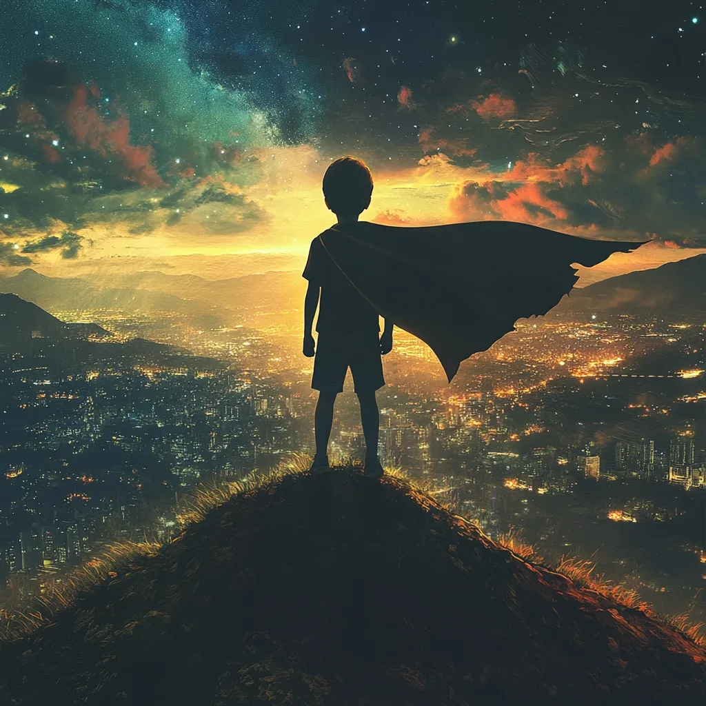 A young boy, silhouetted against a vibrant sunset, stands atop a hill overlooking a sprawling city.  He's cloaked in a dark cape, billowing dramatically behind him, evoking a sense of superheroic potential. The starry night sky above contrasts with the warm glow of the city lights below, creating a dreamlike, almost fantastical atmosphere. The scene suggests themes of hope, ambition, and the vast possibilities that lie ahead.