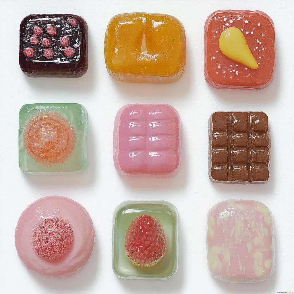 Here's a description of the image:

The image shows nine square and one round candy-like objects arranged in a grid pattern against a white background.  Each piece is translucent and showcases a different internal design and color, ranging from dark chocolate and berry to orange, pink, and light green. Some feature embedded designs resembling fruit or chocolate bar patterns. The overall aesthetic is clean, bright, and slightly whimsical.  The candies appear glossy and almost jewel-like in their presentation.