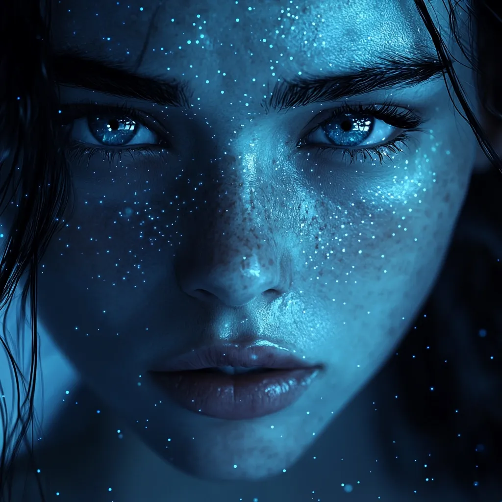 Close-up of a young woman's face, bathed in an ethereal, cool blue light.  Tiny, glowing particles seem to float on her skin, which appears wet or glistening. Her eyes are captivating, large and blue, conveying a sense of mystery.  Dark hair frames her face, adding to the overall enigmatic and otherworldly atmosphere. The image is highly stylized, possibly digitally enhanced or rendered.