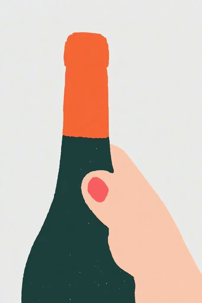 The image is a stylized illustration of a hand holding a wine bottle.  The bottle is depicted with a bold, simplified design; a dark teal body and a bright orange neck and cap. The hand is a muted peach color, with a single, prominent pink fingernail visible. The style is minimalist, with flat colors and a lack of detail. The background is a light, off-white color that contrasts with the bottle and hand. The overall feel is clean, modern, and somewhat abstract.