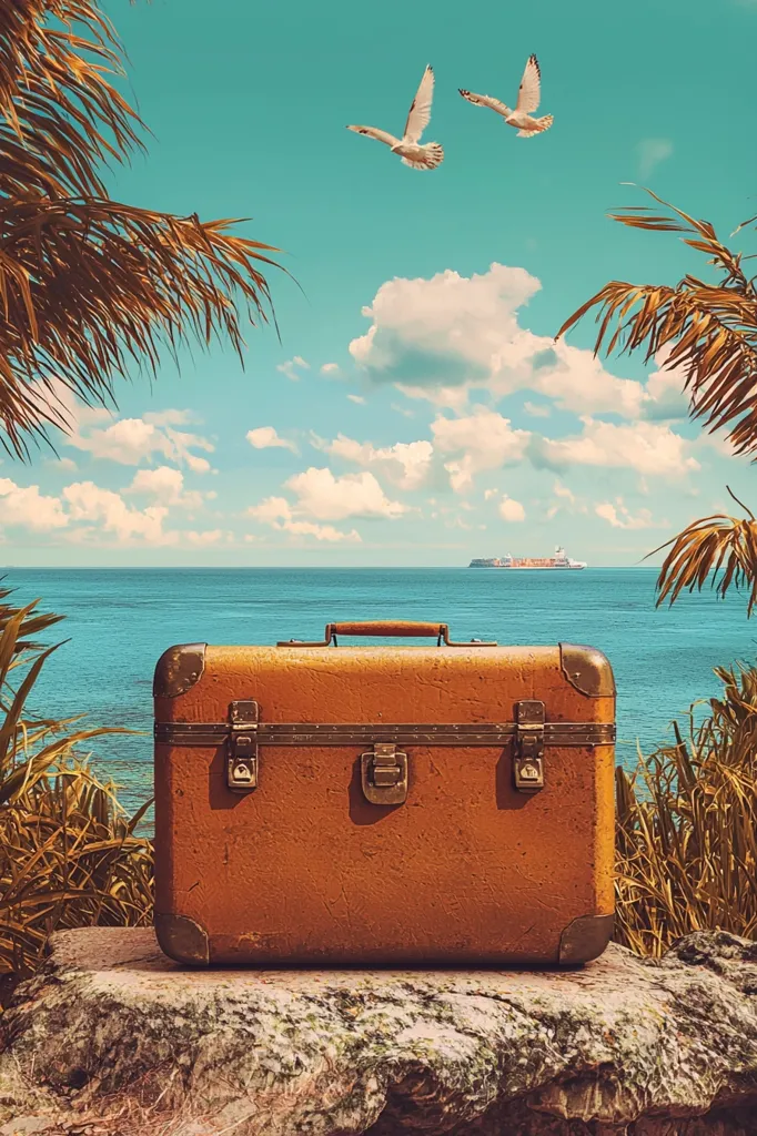 Here's a description of the image:

A vintage, brown leather suitcase sits on a rock overlooking a tranquil ocean scene under a vibrant, partly cloudy sky.  Two birds fly overhead. Lush tropical palm fronds frame the image on either side, creating a sense of secluded paradise. A large ship is visible on the horizon, adding a touch of distant activity to the otherwise peaceful composition. The overall aesthetic is reminiscent of a nostalgic travel poster or vintage photograph, evoking feelings of adventure and escape.