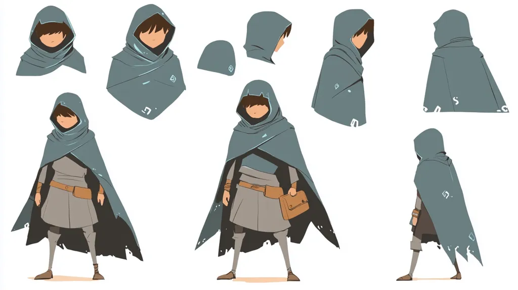 This image shows a character design sheet, featuring a young person wearing a hooded, teal cloak.  Multiple views are presented – front, back, side profiles, and close-ups of the hood. The character's attire includes a belted tunic and pants, suggesting a medieval or fantasy setting.  The cloak shows signs of wear, adding to its character. The style is minimalist and stylized, with flat colors and simple linework.  The overall impression is one of a mysterious, possibly traveling, individual.