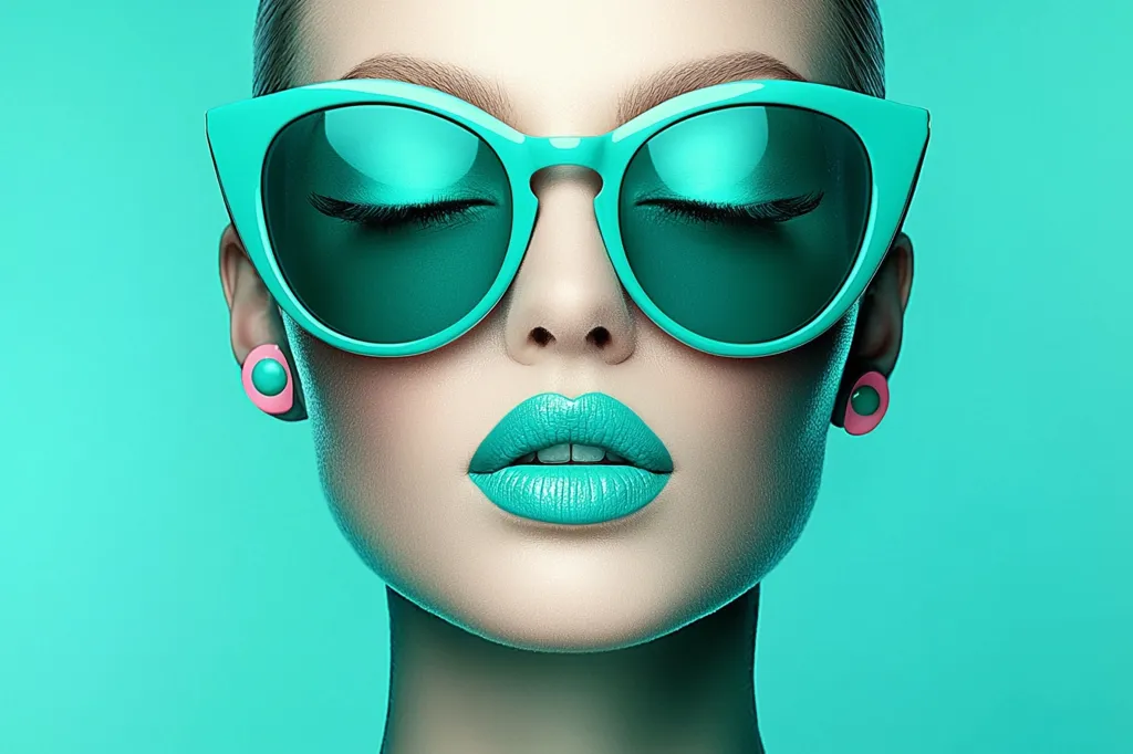 Close-up of a woman's face, eyes closed, wearing large, teal cat-eye sunglasses. Her lips are painted a matching teal shade, and she sports small, pink earrings.  The background is a solid, bright teal, creating a monochromatic and visually striking image. The overall aesthetic is bold, fashionable, and slightly retro.  Her makeup is flawless and emphasizes her features.