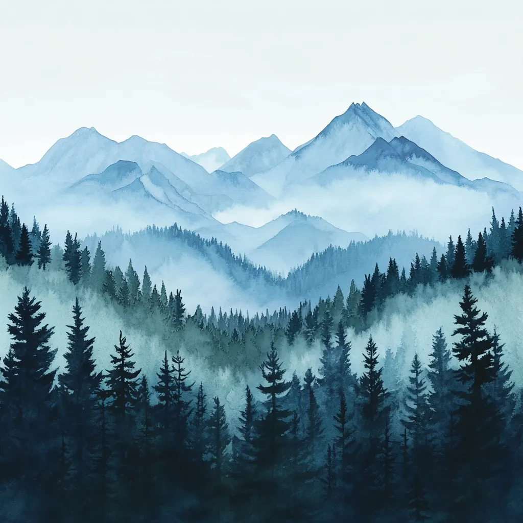 Here's a description of the image:

The watercolor painting depicts a serene, misty mountain landscape.  Layers of blue-toned mountains recede into the distance, their peaks shrouded in a soft, ethereal fog.  A dense evergreen forest occupies the foreground, the dark green of the trees contrasting with the lighter blues of the mountains and mist.  The overall effect is calming and peaceful, evoking a sense of tranquility and vastness. The color palette is limited, primarily shades of blue and green, creating a harmonious and understated composition.