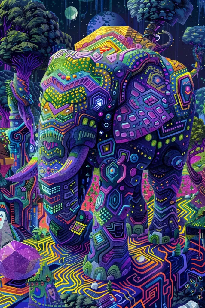 A vibrant, psychedelic illustration depicts a large elephant intricately adorned with colorful, geometric patterns resembling circuit boards and technological designs.  The elephant stands in a surreal landscape of swirling, interconnected lines and stylized trees under a night sky speckled with planets.  The overall style is a blend of organic and technological elements, creating a dreamlike, almost otherworldly atmosphere.  The color palette is rich with purples, greens, and yellows, creating a visually striking and complex image.
