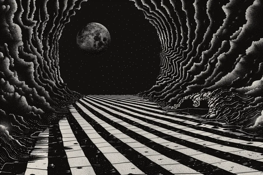 A monochrome illustration depicts a vast, striped landscape receding into a night sky dominated by a large, textured moon.  The path is flanked by dramatic, stylized clouds that appear as textured, mountainous formations, creating a tunnel-like effect.  The overall style is reminiscent of a woodcut or etching, with a granular texture adding depth and a surreal, almost dreamlike atmosphere. The scene is both expansive and confining, suggesting a journey through a mysterious and otherworldly environment.