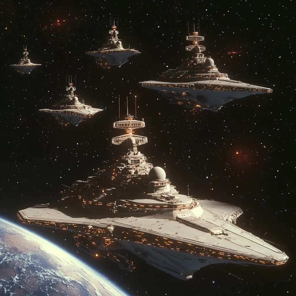 A fleet of four imposing, white Imperial Star Destroyers dominates the dark expanse of space.  One ship, larger than the others, is prominently featured in the foreground, its intricate details and glowing lights visible. The others are positioned slightly behind and to the side, creating a sense of depth and scale. A portion of a blue and green planet is visible in the lower left, providing a contrast to the stark blackness of space and the bright, powerful starships.  The scene evokes a feeling of vastness and immense power.