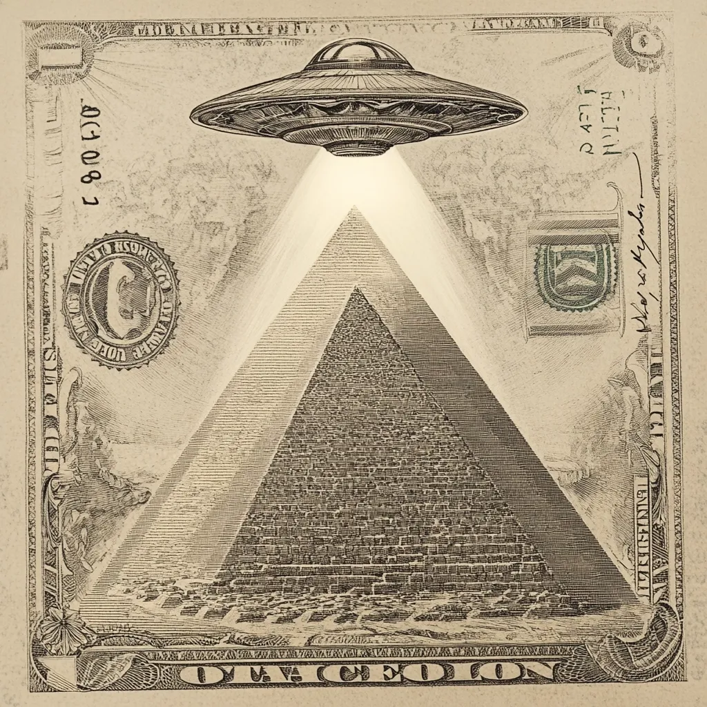 This image is a stylized depiction of a one dollar bill, but with alterations. A large pyramid dominates the center, illuminated from above by a flying saucer. The style mimics the intricate engraving of currency, maintaining a sepia tone. The UFO and pyramid's placement suggests a connection between ancient mysteries and extraterrestrial phenomena, superimposed onto the familiar context of American money.  The overall effect is both intriguing and slightly unsettling.
