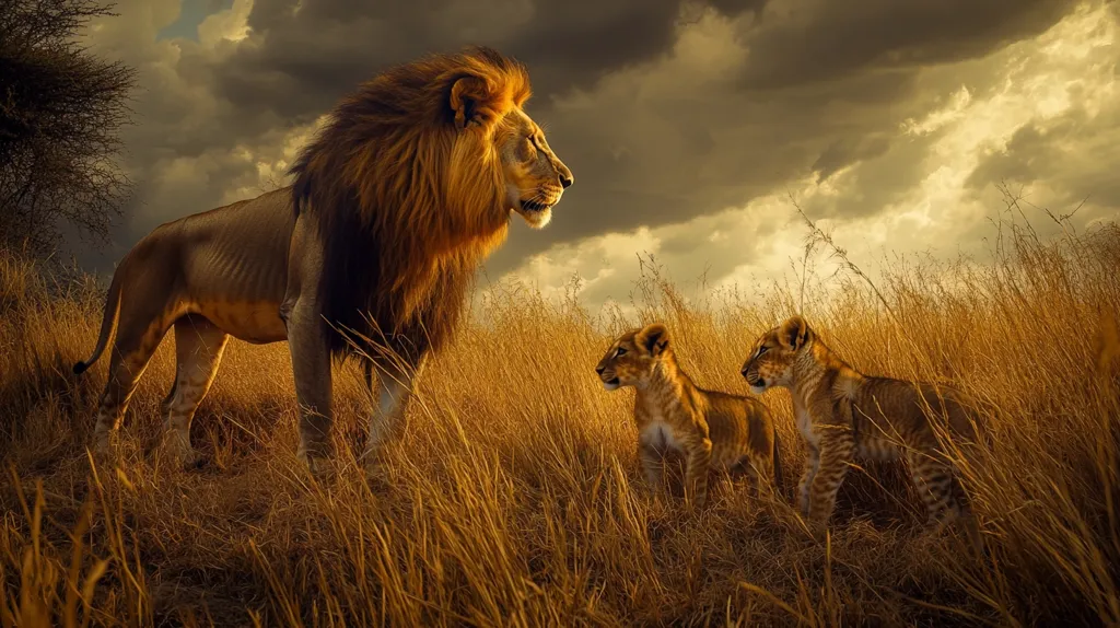 A majestic male lion stands tall in golden savanna grass under a dramatic sky.  Two young lion cubs observe him from a short distance. The lighting suggests either sunrise or sunset, casting a warm, almost ethereal glow on the scene. The contrast between the powerful father and the vulnerable cubs creates a compelling image of pride and family in the African wilderness. The background features a dark, stormy sky adding depth to the composition.