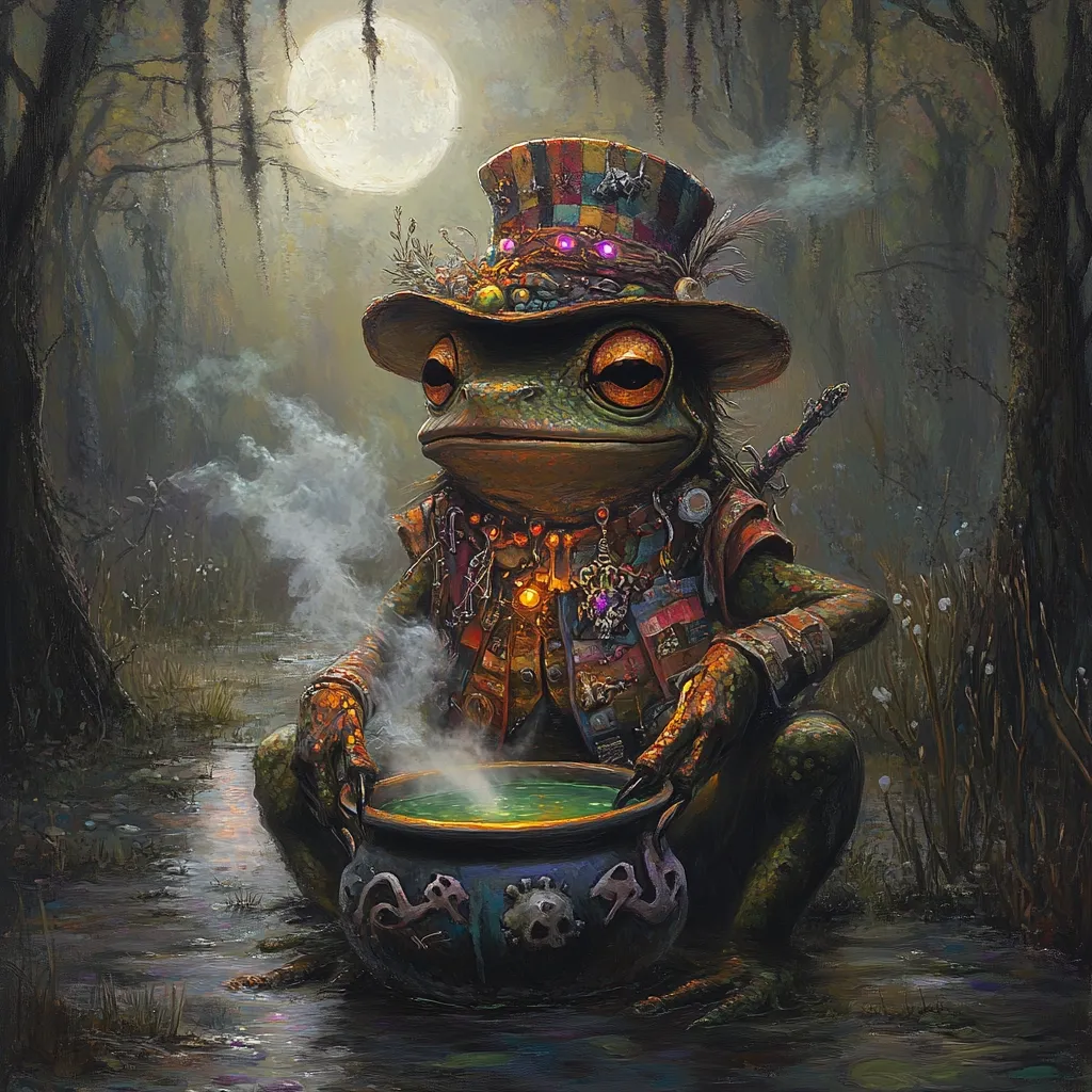 An anthropomorphic frog, wearing a whimsical, multicolored top hat adorned with various trinkets, sits by a bubbling cauldron in a swampy, moonlit forest.  The frog, richly dressed in a patched coat and adorned with jewelry, appears to be a whimsical alchemist or sorcerer.  Steam rises from the cauldron, adding to the mystical atmosphere of the scene. The overall style is dark fantasy, with a blend of whimsical and slightly unsettling elements.