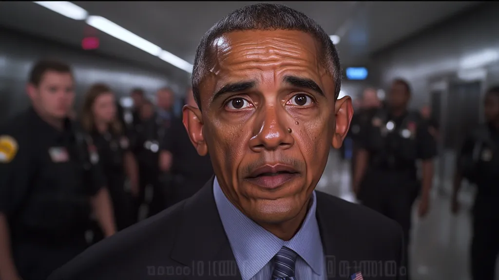 Close-up of Barack Obama, his expression serious and contemplative.  He's wearing a dark suit and light blue shirt, a glimpse of a patterned tie visible.  Behind him, blurred figures in dark uniforms suggest a security detail or staff, implying a formal or official setting, possibly a hallway or corridor. The background is dimly lit, drawing focus to Obama's face and conveying a sense of gravity.