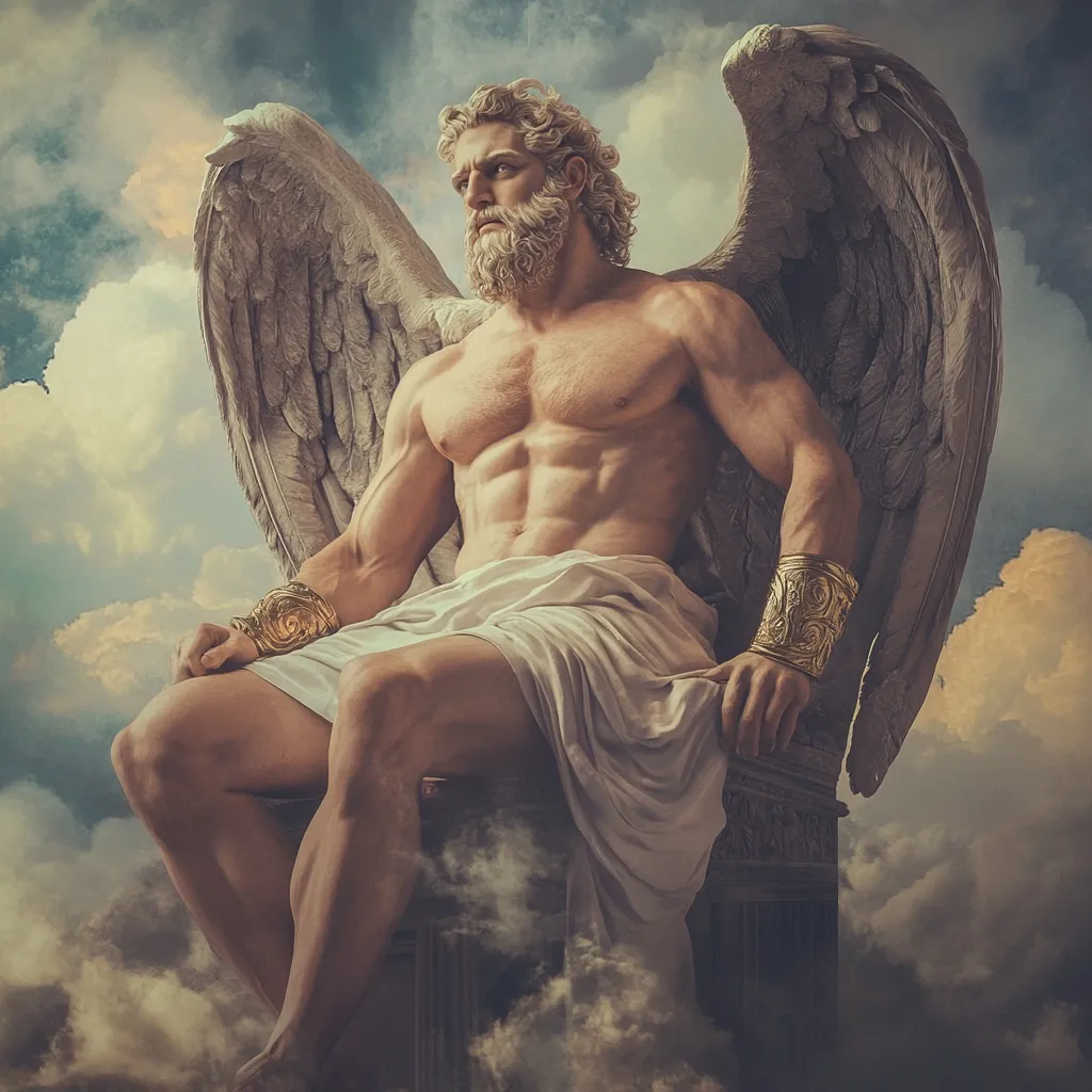 A muscular, winged figure, reminiscent of a classical angel or god, sits majestically amidst clouds.  He possesses long, blond hair and a beard, his physique meticulously detailed.  He's adorned with gold armbands and a flowing white garment, suggesting power and divinity.  The large, sculpted wings frame him against a dramatic, cloudy sky, creating a powerful and ethereal image.  The overall style blends classical sculpture with fantasy art.