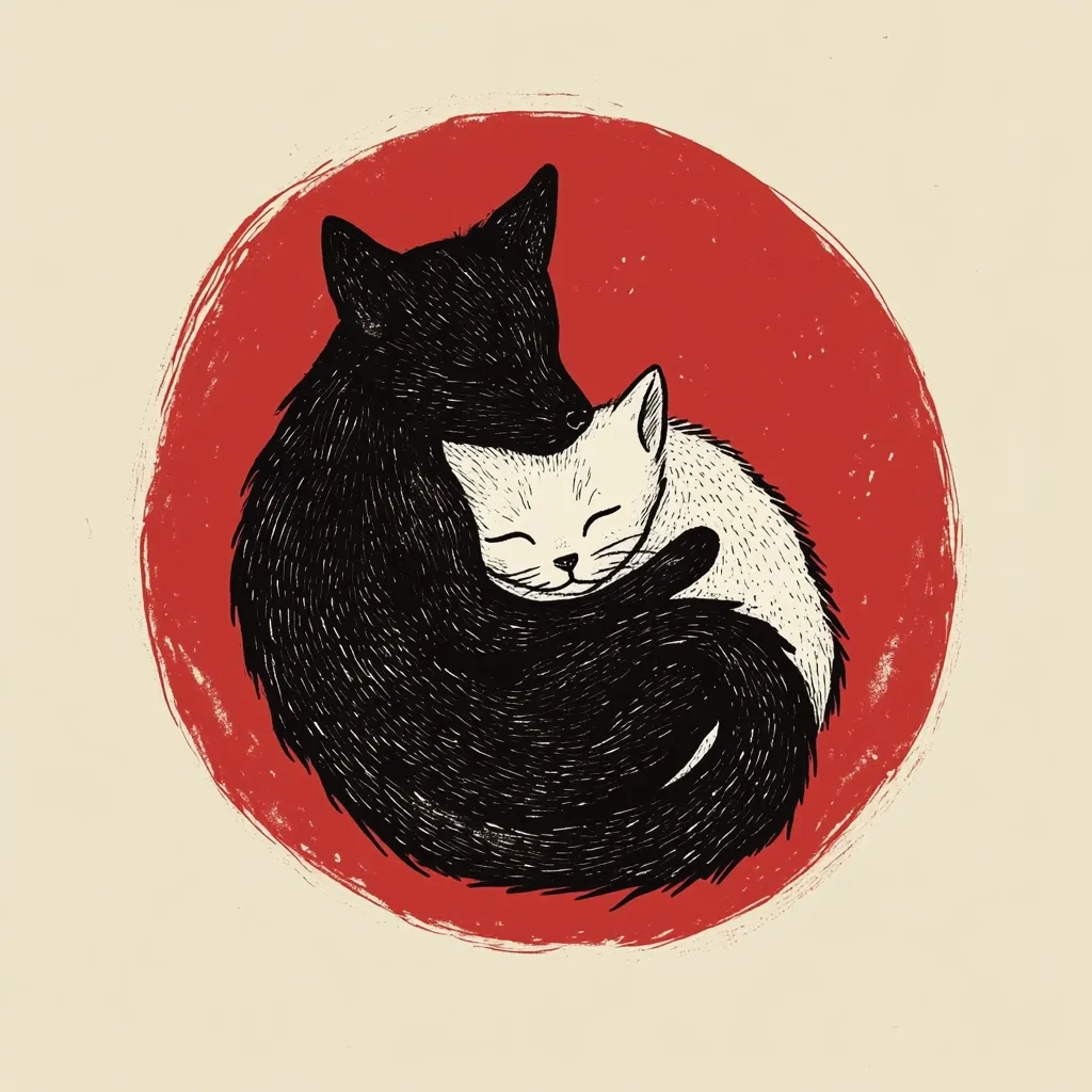 Here's a description of the image:

The illustration depicts a black cat gently embracing a smaller white cat, forming a yin-yang-like symbol.  The cats' bodies intertwine, creating a circular shape nestled within a larger red circle, resembling a stylized sun. The style is minimalist, with stark black and white ink on a muted beige background, giving it a vintage or woodcut feel. The red circle provides a warm, contrasting backdrop to the cuddling cats, emphasizing their peaceful embrace. The overall effect is serene and evocative of harmony and companionship.