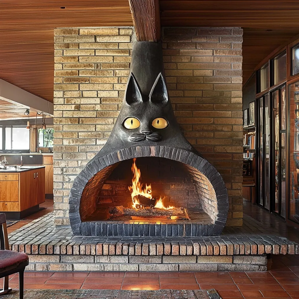 A captivating fireplace, shaped like a stylized black cat, is the focal point of this mid-century modern room.  The cat's face is sculpted into the chimney, its large eyes adding a whimsical touch to the brick structure. A warm fire crackles within the arched opening, casting a welcoming glow. The fireplace is built into a brick wall, complementing the room's vintage aesthetic.  A glimpse of a partially visible kitchen and a hallway lined with bookshelves suggests a home filled with character and history.