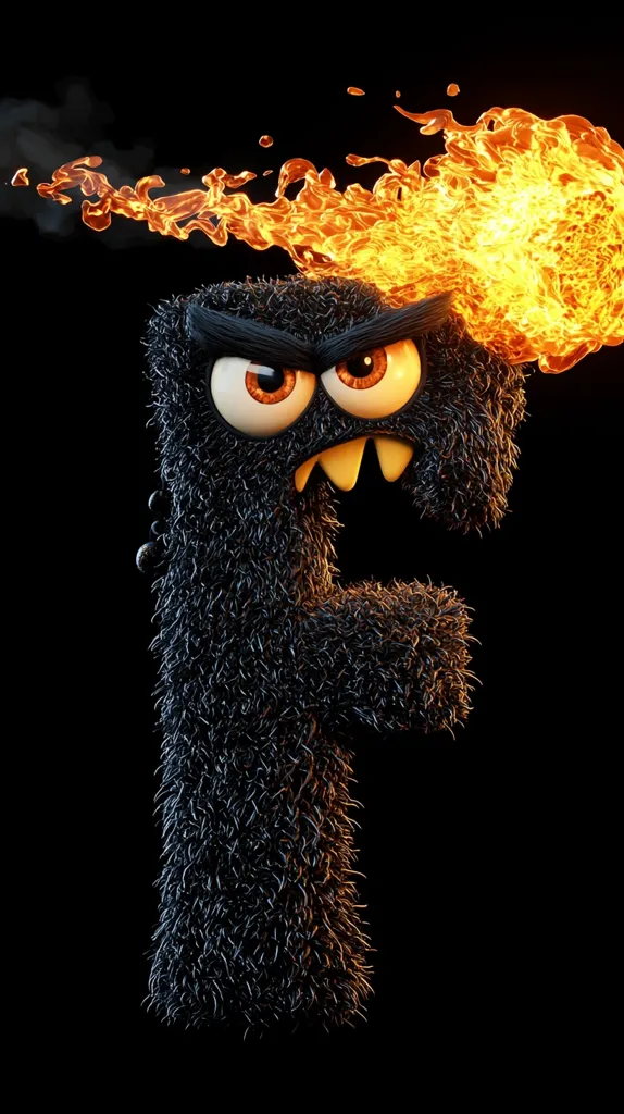 Here's a description of the image:

The image showcases a stylized, three-dimensional rendering of the letter "F".  The "F" is depicted as a furry, black monster with angry orange eyes and sharp teeth.  A fiery, orange blaze erupts from its head, adding to its menacing appearance. The background is pure black, providing a stark contrast to the creature and making it the focal point. The overall style is cartoonish, yet with a dark and slightly intimidating edge. The texture of the fur is highly detailed and realistic, enhancing the overall quality of the image.