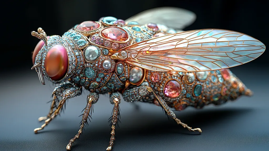 Here's a description of the image:

The image showcases a meticulously crafted jeweled insect, possibly a cicada, crafted from gold and a dazzling array of gemstones.  Pink, blue, and clear gems are densely set across its body, creating a shimmering, multifaceted surface.  The wings are delicately rendered, translucent with thin gold veins mimicking the insect's natural structure.  The overall effect is one of exquisite detail and opulence, presenting a striking contrast between the organic form of the insect and the luxurious materials used in its construction.  The dark background accentuates the piece's vibrant colors and intricate design.