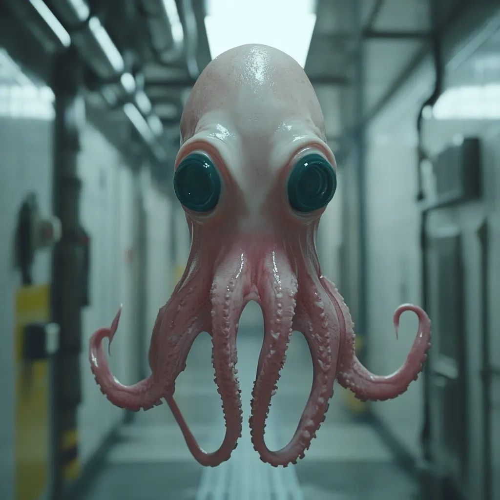 A digital rendering depicts a pinkish-hued octopus with large, teal eyes.  Its body is smooth and slightly glossy, contrasting with the industrial, muted grey hallway it floats in. The hallway features pipes and metallic surfaces, creating a sterile and somewhat ominous backdrop. The octopus's tentacles are detailed, with subtle texturing, and curl gently.  The overall mood is surreal and slightly unsettling.