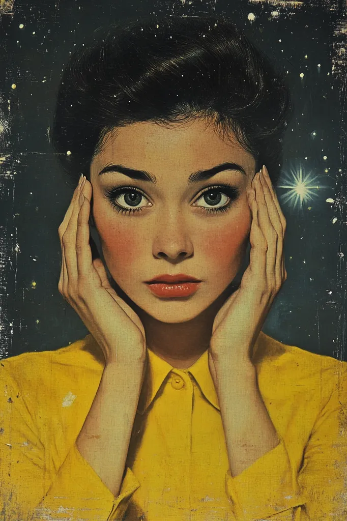 A stylized portrait of a woman with dark hair styled in a 1960s updo. She's wearing a mustard yellow collared shirt and has her hands gently cupping her face.  Her expression is pensive, almost melancholic.  The background is a dark, textured depiction of a starry night sky, creating a dreamy, nostalgic atmosphere. The overall style suggests a vintage aesthetic, perhaps inspired by retro magazine covers or advertising. The image possesses a slightly faded, textured look, adding to its aged quality.