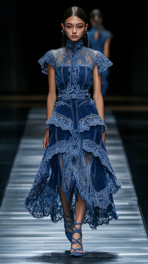 A model walks a runway in a stunning denim dress. The dress is a deep blue, featuring intricate lace detailing throughout, including ruffled layers at the hem and sleeves.  A high-necked bodice adds a touch of sophistication. The model's makeup is minimal, allowing the dress to take center stage.  She wears matching blue lace-up heels, completing the monochromatic look. The runway is dark, providing a stark contrast to the striking attire.