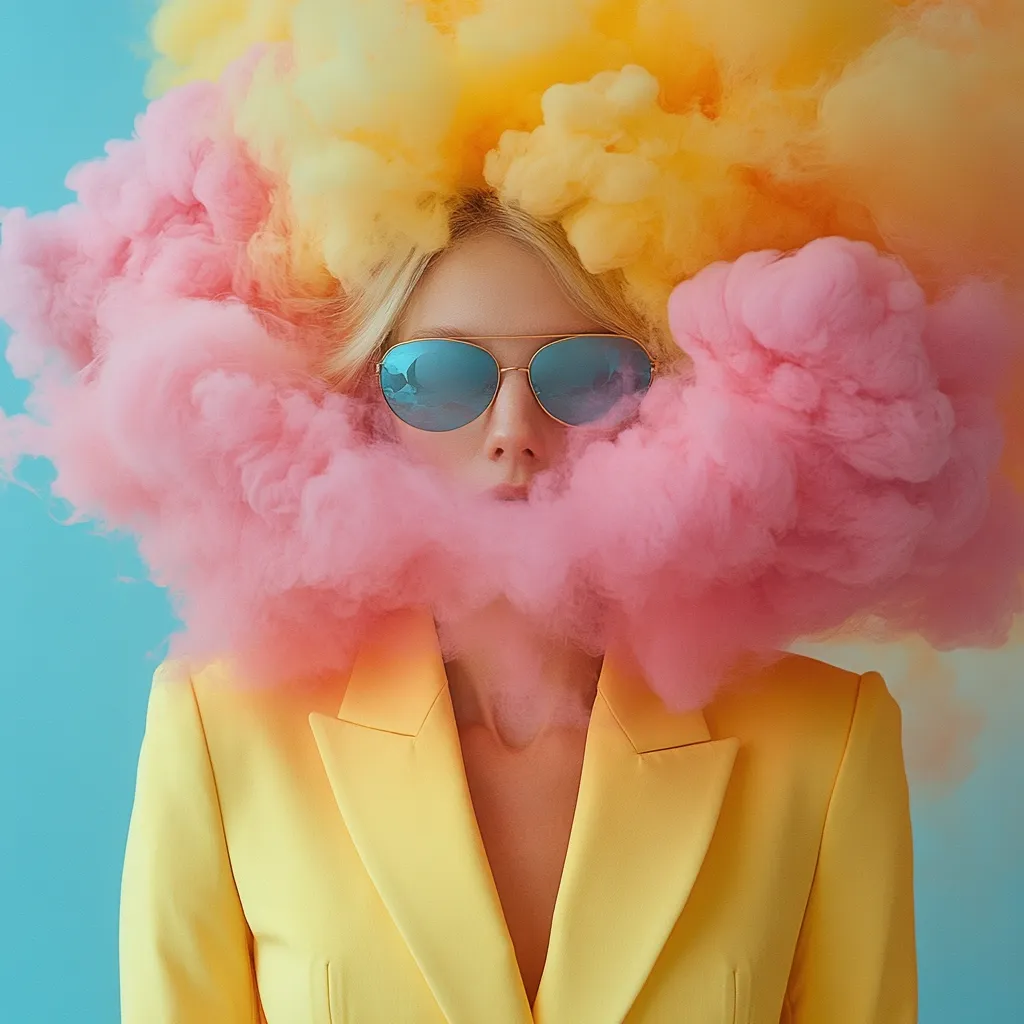 A blonde woman wearing a yellow blazer and blue-tinted sunglasses is enveloped in a vibrant cloud of pink and yellow smoke.  The pastel-colored smoke resembles cotton candy, creating a whimsical and surreal effect. The background is a soft, light blue, providing a stark contrast to the bold colors of the subject. The overall image is playful and stylish, suggestive of a fashion editorial or artistic portrait.