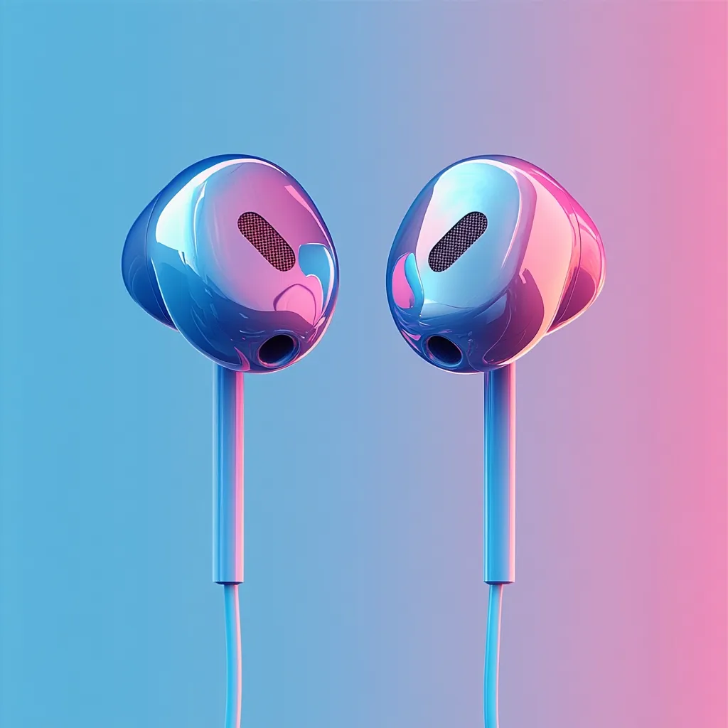 Here's a description of the image:

The image showcases a pair of wired earbuds, positioned centrally against a backdrop that transitions from a cool blue on the left to a warm pink on the right.  The earbuds themselves are a glossy, metallic blue with hints of pink and purple reflections from the lighting. Their design is smooth and rounded, with visible sound ports. The cords are a matching blue, extending downward from the earpieces. The overall aesthetic is clean, modern, and visually striking, due to the color contrast and the reflective surfaces of the earbuds.