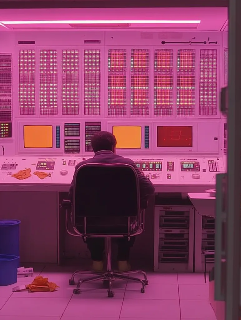 The image shows a person seated at a large control panel bathed in pink light.  The panel features numerous screens displaying grids of data and information, along with various buttons and switches.  The overall aesthetic is futuristic and sterile, suggesting a technological or scientific setting. The person's back is to the camera, obscuring their identity, and they are focused on their work.  The room appears clean and organized, with a few discarded items near the floor.