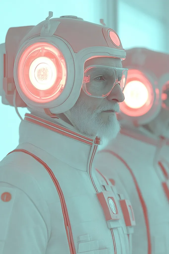 Here's a description of the image:

Close-up view of an older man with a long white beard, wearing a futuristic, light-colored spacesuit. The suit is predominantly white with coral-colored accents and features a helmet with a large, glowing red circular element on the side. He wears clear safety goggles.  Another individual, similarly outfitted, is partially visible in the background, suggesting a group or team setting. The overall color palette is muted and cool, creating a sterile, sci-fi aesthetic. The scene is brightly lit and possibly set in a technologically advanced environment.