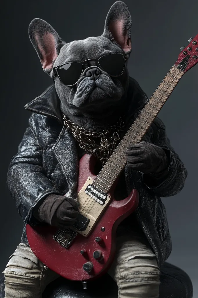 A cool, grey French bulldog, sporting sunglasses and a black leather jacket, sits and plays a red electric guitar.  The dog's expression is serious and focused, its paws delicately placed on the fretboard. A chunky silver chain necklace adds to its rockstar attire.  The background is a muted grey, emphasizing the dog's vibrant appearance and the instrument. The overall image is a humorous and stylized portrayal of a canine musician.