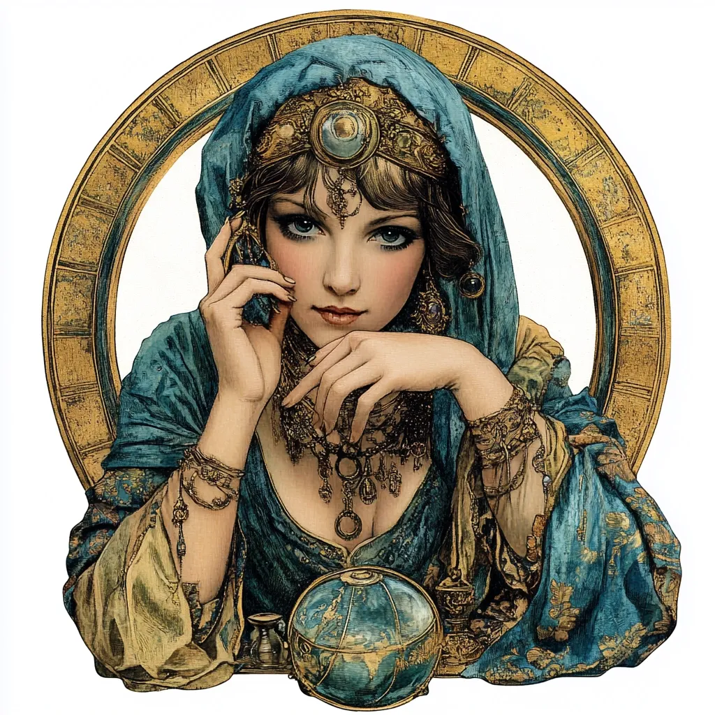 A stunning portrait of a woman, possibly an artist's depiction of a fortune teller or mystic, is framed by a golden Art Nouveau-style circle. She's adorned in opulent turquoise robes, gold jewelry, and a jeweled headpiece.  Her gaze is direct yet mysterious.  Her hands rest delicately, one near a small globe, suggesting themes of knowledge, prophecy, or global influence.  The image is rich in detail and highly stylized, evoking a sense of otherworldliness and intrigue.