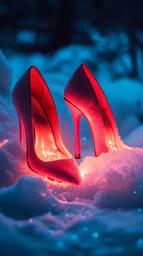 Here's a description of the image:

Two vibrant pink high-heeled shoes, seemingly embellished with glitter, are partially nestled in snow.  The shoes glow with an inner red light, creating a dramatic contrast against the cool blue tones of the snowy background and the surrounding blurred landscape. The scene is romantic and slightly surreal, with the focus sharply on the shoes, highlighting their texture and the magical glow.  The overall mood is evocative and mysterious.