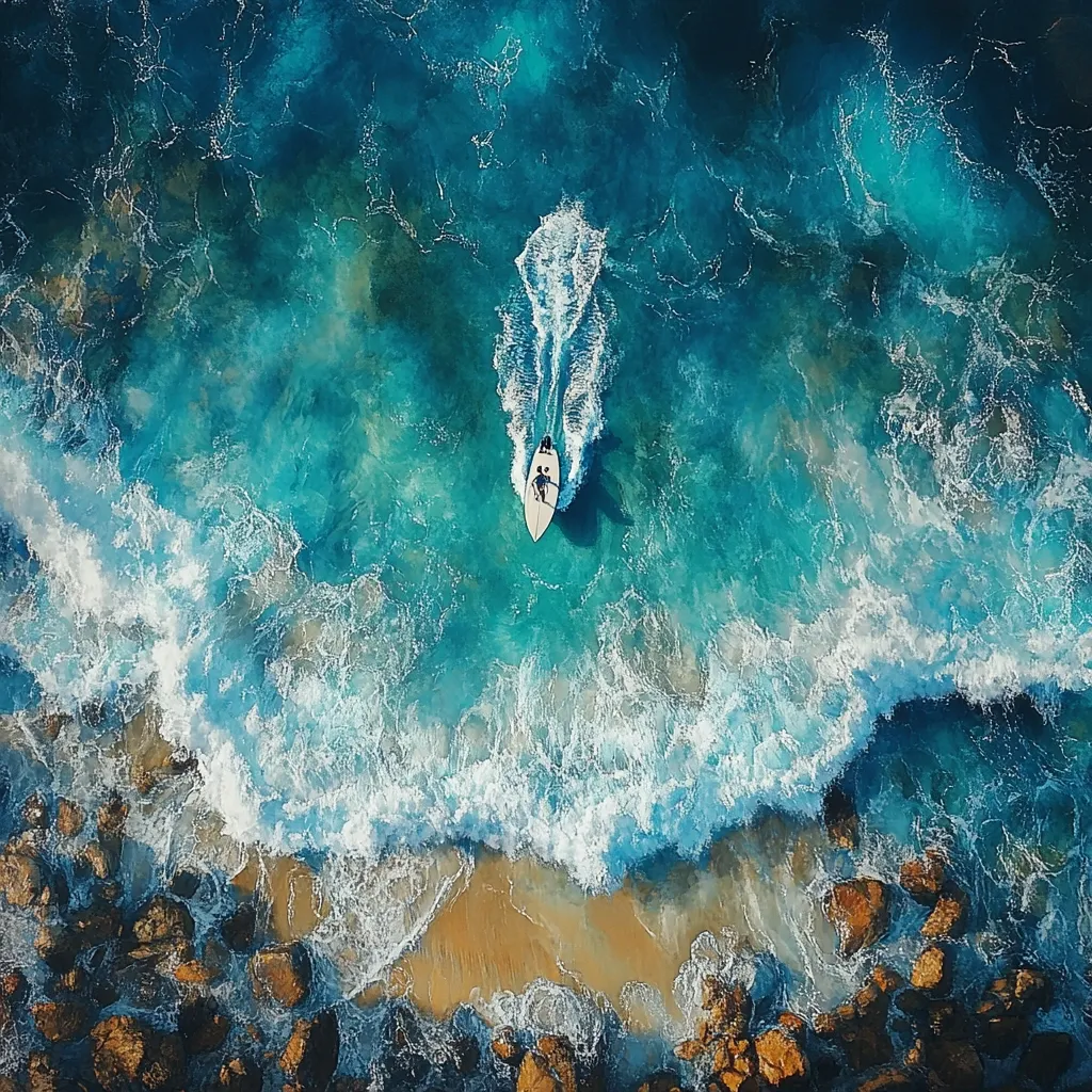 Here's a description of the image:

An aerial shot captures a lone surfer on a paddleboard, gliding through vibrant turquoise ocean waters. A white wake trails behind the board, contrasting with the deep blue.  The waves break in a frothy white line against a sandy shore dotted with dark, rocky outcrops. The overall impression is one of serenity and the beauty of the natural world, showcasing a stunning seascape from a bird's-eye perspective. The image has an almost painterly quality.