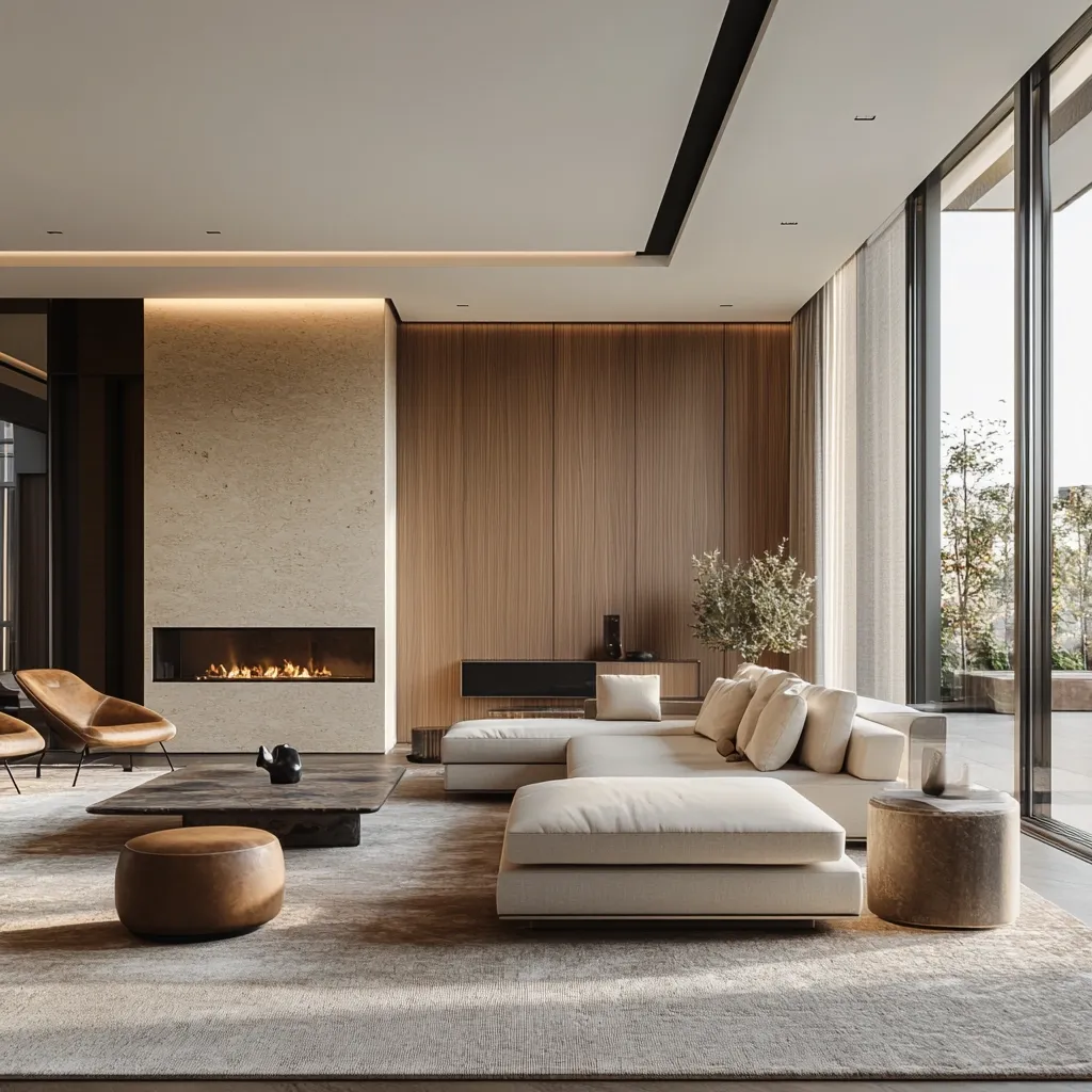 A modern living room features a spacious, off-white sectional sofa centered on a large rug.  A low, dark coffee table sits before it, with a brown ottoman nearby.  The room boasts a contemporary fireplace with a light beige stone surround, and an accent wall of warm wood paneling.  Large windows offer abundant natural light and views of an outdoor area. The overall aesthetic is minimalist and luxurious, with a calming color palette.