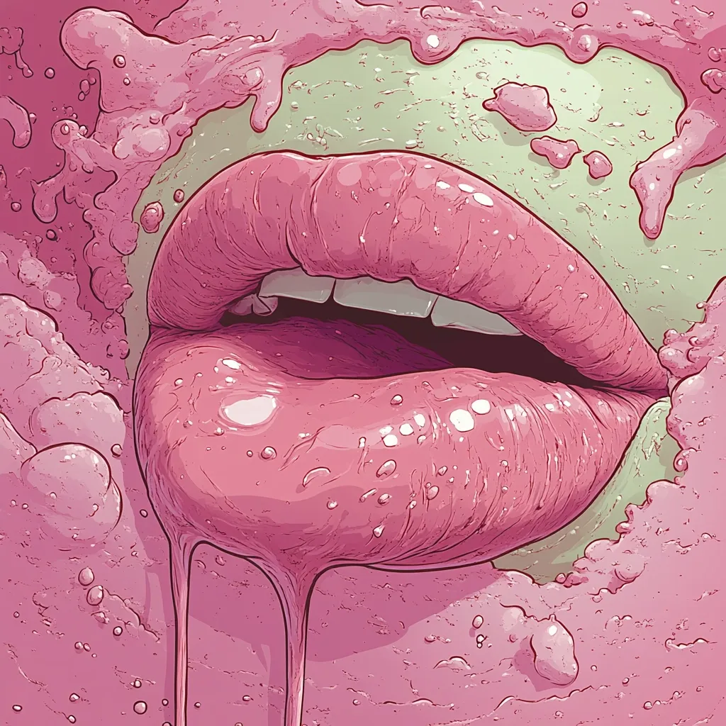 Here's a description of the image:

The image is a close-up illustration of a woman's lips, rendered in a highly stylized manner. The lips are full and glossy, a deep pink, with a visible sheen suggesting wetness. They are slightly parted, revealing teeth. The lips are surrounded by a textured, bubbly, pink substance that appears to be dripping down, like melting candy or a viscous liquid. The background is a blend of pale green and pink, matching the lip color and the dripping substance. The overall style is graphic, with meticulous detailing in the textures and shading of the lips and the surrounding goo.  The effect is both alluring and slightly grotesque.