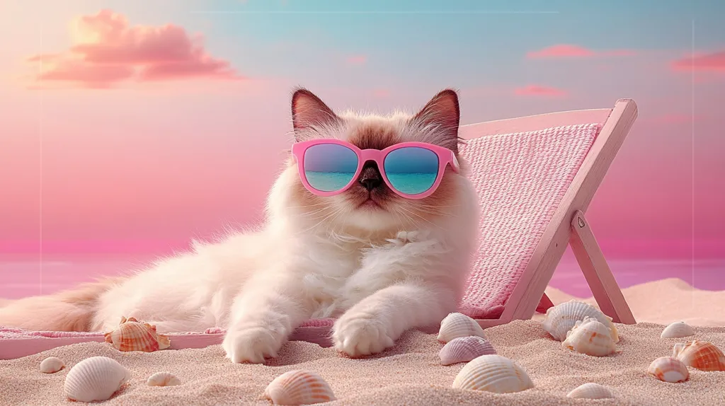 A fluffy white cat, wearing pink sunglasses, lounges on a pink beach chair nestled in the sand.  Seashells surround the cat, adding to the idyllic beach scene. The background displays a soft, pastel pink and orange sunset sky. The overall image is whimsical and charming, evoking a feeling of summer relaxation.