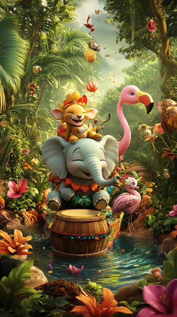 A whimsical jungle scene unfolds, centered around a cheerful elephant adorned in festive attire.  Atop the elephant sits a lion cub, also festively dressed.  Two pink flamingos flank them, one large and one smaller. The animals are gathered around a decorated wooden barrel, seemingly a drum, situated by a tranquil pond. Lush tropical foliage, vibrant flowers, and whimsical floating lanterns fill the background, creating a vibrant and playful atmosphere. The overall style is digitally rendered, with a focus on bright colors and charming character designs.
