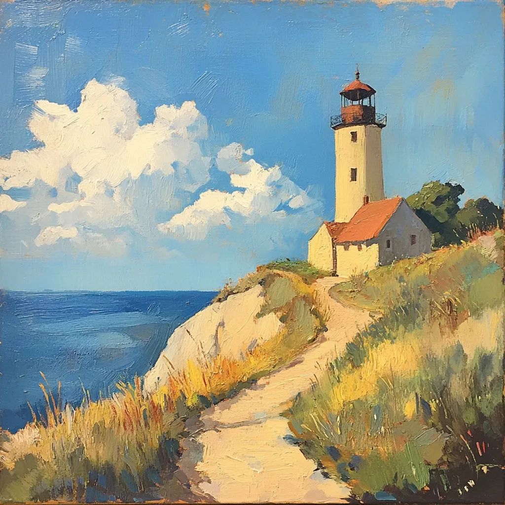 Here's a description of the image:

The painting depicts a picturesque coastal scene, featuring a tall, slender lighthouse with a reddish-brown roof standing proudly on a cliff overlooking a tranquil blue sea. A small, cream-colored keeper's house nestles beside it. A sandy path winds down from the lighthouse towards the viewer, bordered by patches of sun-kissed, yellow-green grasses and shrubs.  A fluffy white cloud partially obscures the bright blue sky, enhancing the sunny, peaceful atmosphere. The artist's impasto technique gives the piece a textured, almost three-dimensional quality. The overall impression is one of serene coastal beauty.