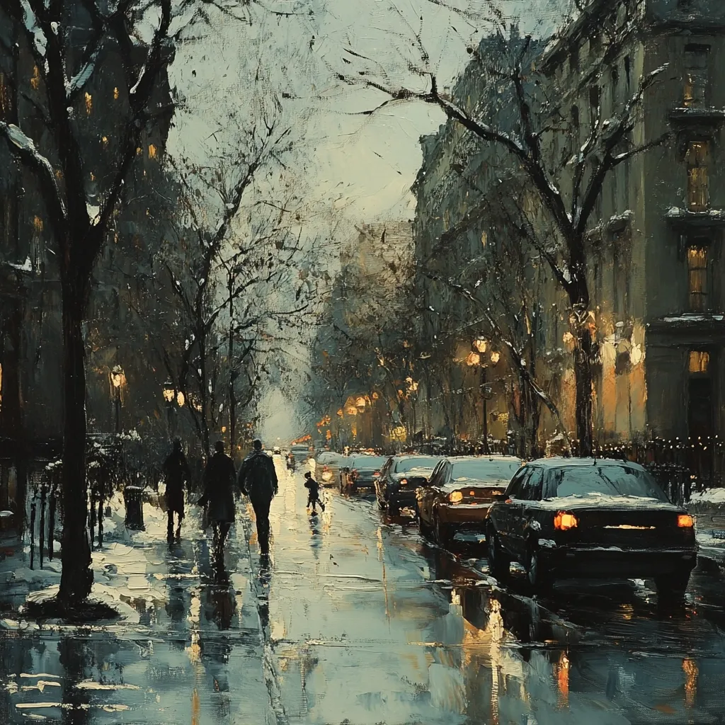 A winter evening scene unfolds on a snow-dusted city street.  Three figures walk away from the viewer, toward softly glowing streetlights and parked cars. Bare trees line the street, their branches laden with a light dusting of snow.  The wet pavement reflects the city lights, creating a shimmering, reflective surface.  A child is visible further down the street, adding a sense of quiet movement to the otherwise still, contemplative atmosphere. The overall impression is one of peaceful solitude within an urban setting.