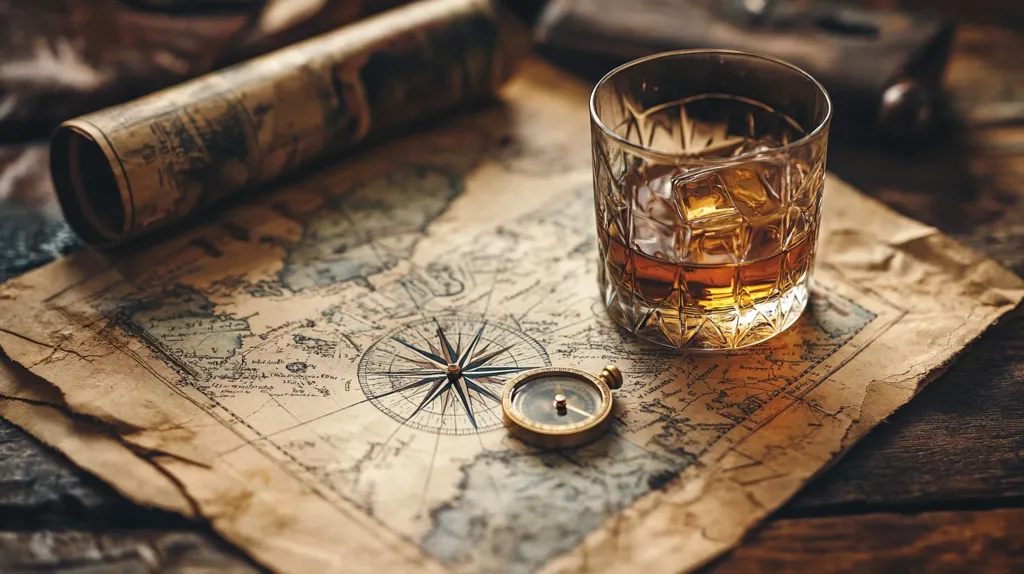 An antique map, showing signs of age and wear, is spread across a dark wooden surface.  A compass rests beside a glass of amber liquid, likely whiskey, with ice cubes visible.  A rolled-up map or parchment lies partially off the main map, adding to the sense of exploration and adventure. The overall scene evokes a feeling of old-world seafaring and discovery.