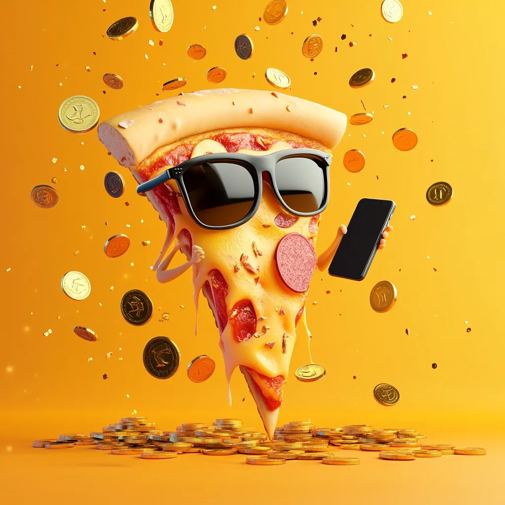 A 3D-rendered image depicts a slice of pepperoni pizza, anthropomorphized with tiny arms and legs, wearing sunglasses and holding a smartphone.  It's surrounded by a shower of golden coins against a vibrant orange backdrop.  The pizza slice appears to be joyfully floating above a pile of coins, suggesting a playful theme of wealth or success associated with pizza.  The overall style is bright, fun, and cartoonish.