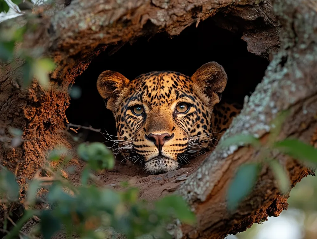 Here's a description of the image:

A striking close-up captures a leopard's head and shoulders emerging from a hollow in a large tree.  The leopard's fur is a beautiful blend of tawny, black, and gold rosettes, its eyes are intense and focused, and its expression is one of quiet alertness. The tree's textured bark, rich in browns and grays, frames the animal perfectly, creating a natural, intimate setting.  The background is dark and shadowy, drawing attention to the leopard's captivating gaze.  Green foliage partially obscures the base of the tree, adding depth and a touch of the surrounding jungle. The overall effect is a powerful image of wildlife in its natural habitat.
