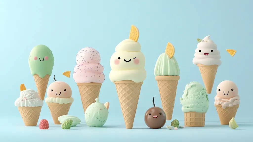 A delightful arrangement of cartoon ice cream cones, each with a unique flavor and cheerful face.  Pastel colors dominate: mint green, pale pink, and creamy yellow.  The cones are adorned with sprinkles, orange slices, and other whimsical details. A smiling chocolate cherry adds to the playful scene, sitting among small candies on a light blue background.  The overall image is sweet, whimsical, and fun.